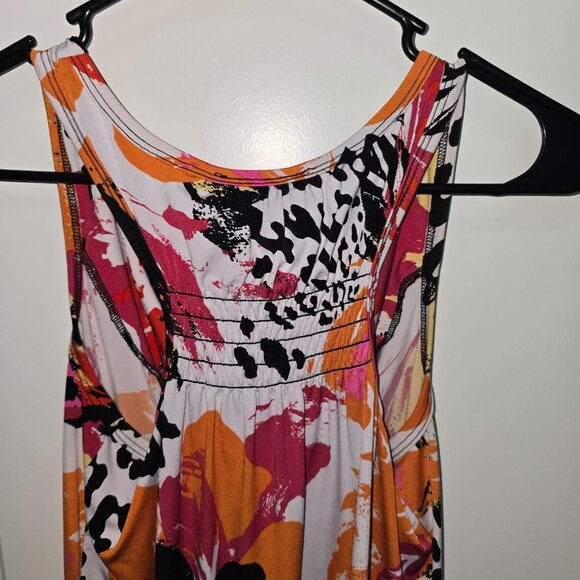 AB Studio Tank Top Orange Black White Pink Splatter Floral Size Medium Shirred - Picture 4 of 5